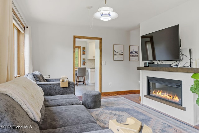 6175 Hawes Rd, Guilderland, NY 12009 - living room featuring a glass covered fireplace, wood finished floors, and baseboards