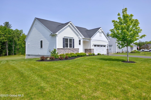 39 Berkeley Way, Wilton, NY 12866 - view of front of home with a garage, a front lawn, driveway, board and batten siding, and stone siding