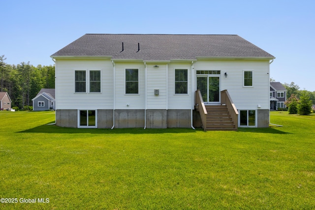 39 Berkeley Way, Wilton, NY 12866 - back of house with a lawn and stairway