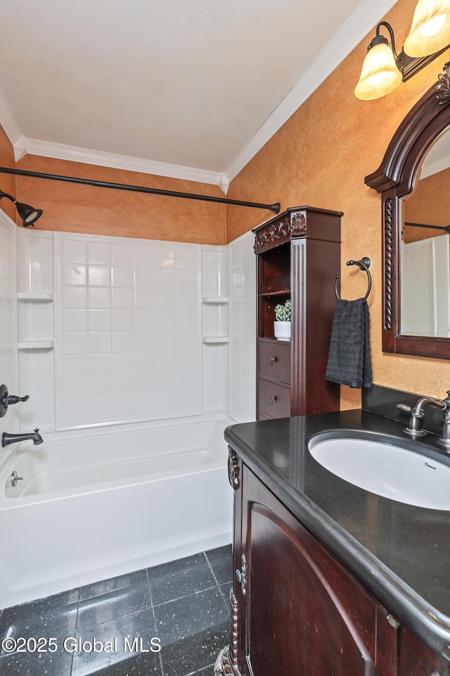 110 Deer Run Dr, Milton, NY 12020 - bathroom with crown molding, shower / bathtub combination, vanity, a textured wall, and tile patterned floors