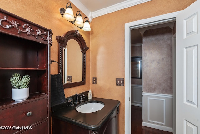 110 Deer Run Dr, Milton, NY 12020 - bathroom with ornamental molding, vanity, and wainscoting