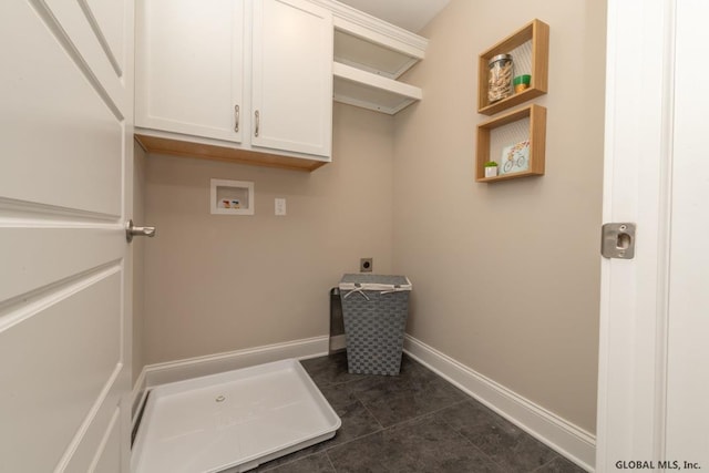 5 Hunter Ct, Milton, NY 12020 - laundry room with washer hookup, cabinet space, baseboards, dark tile patterned floors, and hookup for an electric dryer