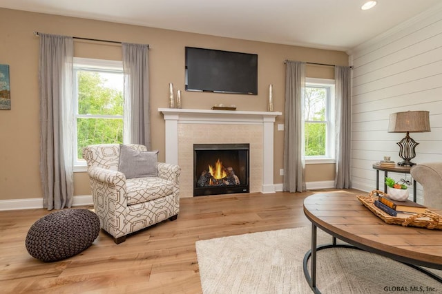 5 Hunter Ct, Milton, NY 12020 - living area with wood finished floors, a tile fireplace, baseboards, recessed lighting, and wood walls