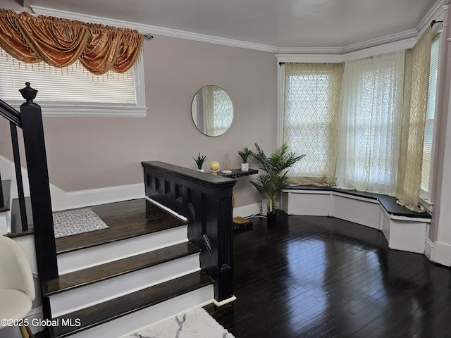 1117 Mcclellan St, Schenectady, NY 12309 - stairs featuring baseboards, wood-type flooring, and ornamental molding