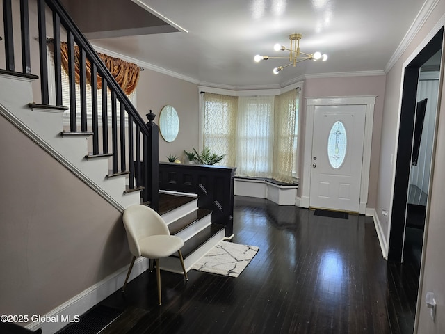 1117 Mcclellan St, Schenectady, NY 12309 - entryway with stairway, crown molding, baseboards, wood finished floors, and a chandelier