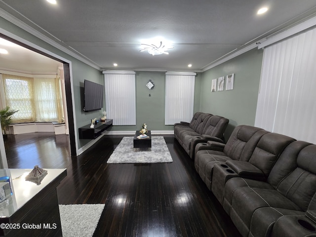 1117 Mcclellan St, Schenectady, NY 12309 - living area featuring ornamental molding, dark wood-style flooring, recessed lighting, and baseboards