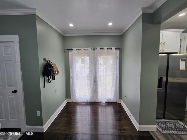 1117 Mcclellan St, Schenectady, NY 12309 - unfurnished dining area with dark wood finished floors, ornamental molding, baseboards, and recessed lighting