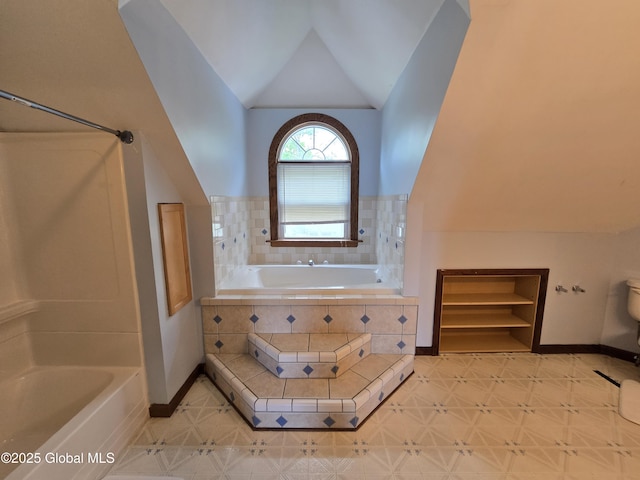 1117 Mcclellan St, Schenectady, NY 12309 - full bath featuring tiled tub, baseboards, vaulted ceiling, tile patterned flooring, and a shower