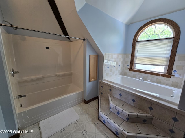 1117 Mcclellan St, Schenectady, NY 12309 - bathroom featuring lofted ceiling, baseboards, and tiled shower / bath