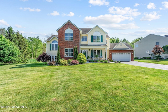 11 Lucille Ln, Malta, NY 12019 - traditional-style house with a porch, brick siding, a front yard, and asphalt driveway