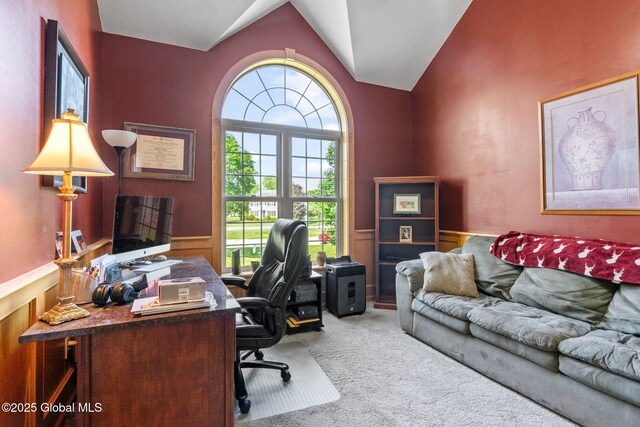11 Lucille Ln, Malta, NY 12019 - office area featuring carpet floors, wainscoting, and vaulted ceiling
