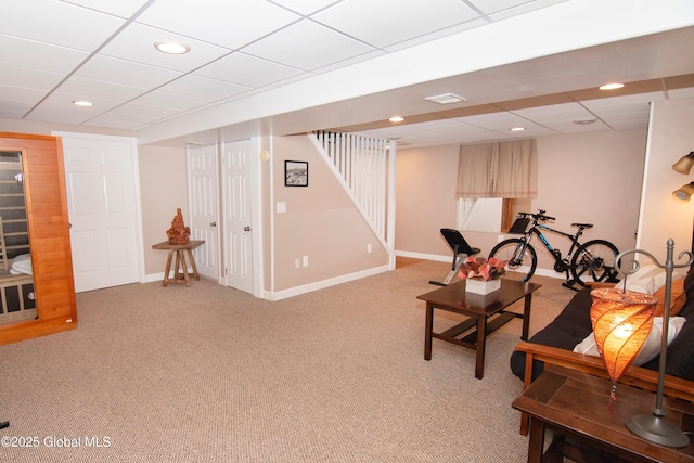 124 Edie Rd, Wilton, NY 12866 - living area with light colored carpet, stairs, recessed lighting, and a paneled ceiling