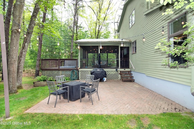 124 Edie Rd, Wilton, NY 12866 - view of patio featuring a sunroom, a wooden deck, and a grill
