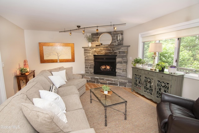 124 Edie Rd, Wilton, NY 12866 - living area with rail lighting, a fireplace, and wood finished floors
