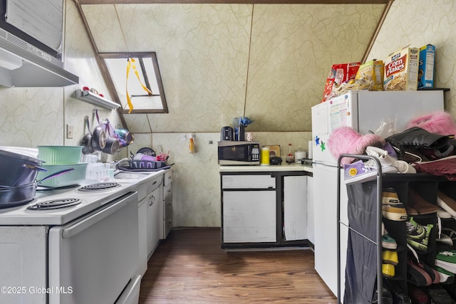 12 Mynderse St, Schenectady, NY 12307 - kitchen with wallpapered walls, white appliances, dark wood-type flooring, light countertops, and a sink