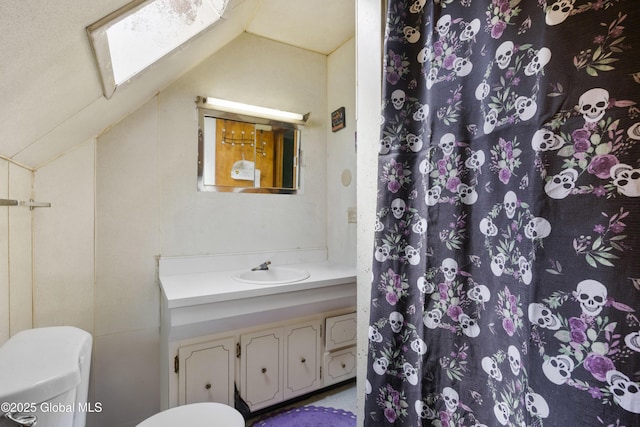 12 Mynderse St, Schenectady, NY 12307 - bathroom featuring vaulted ceiling, a skylight, toilet, vanity, and a shower with shower curtain