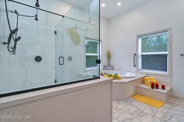 14 Calvin Cole Rd, Stephentown, NY 12169 - bathroom with healthy amount of natural light, a bath, a shower stall, marble finish floors, and recessed lighting