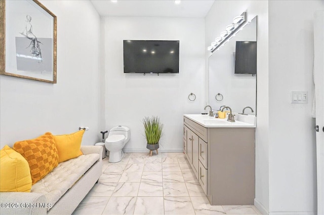 14 Calvin Cole Rd, Stephentown, NY 12169 - full bath featuring marble look tiles, double vanity, toilet, and recessed lighting