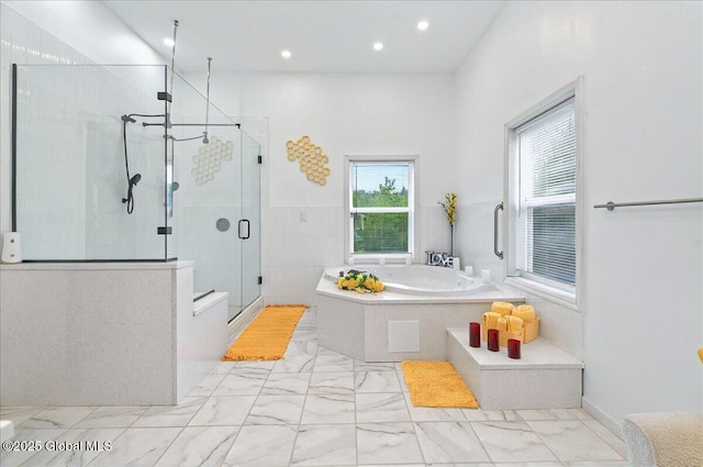 14 Calvin Cole Rd, Stephentown, NY 12169 - full bath with a bath, marble look tiles, a stall shower, and recessed lighting