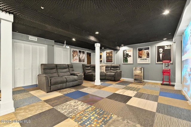 14 Calvin Cole Rd, Stephentown, NY 12169 - home theater featuring ornate columns, baseboards, and recessed lighting