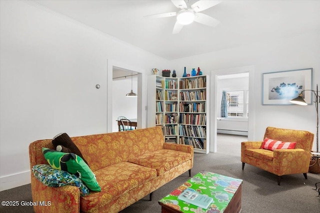 32 Main St, Lake Luzerne, NY 12846 - living area featuring carpet flooring, baseboard heating, and a ceiling fan