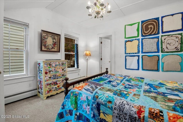 32 Main St, Lake Luzerne, NY 12846 - carpeted bedroom featuring a baseboard radiator, lofted ceiling, and a chandelier