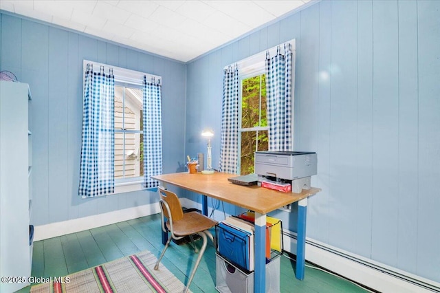 32 Main St, Lake Luzerne, NY 12846 - dining space with a baseboard radiator, healthy amount of natural light, wood finished floors, and a desk