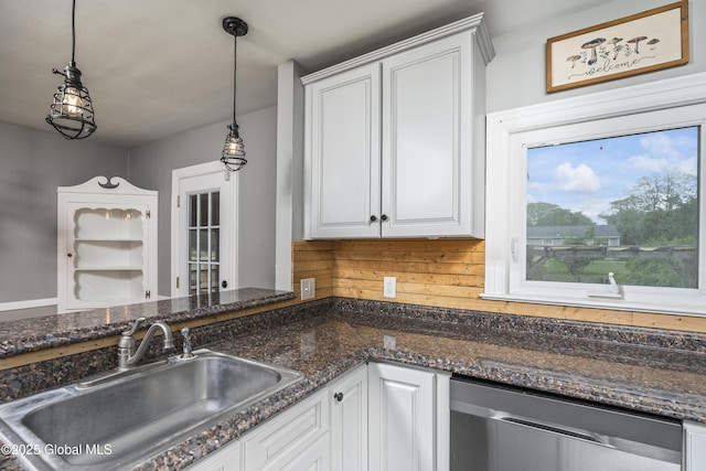 2044 Caldicott Rd, Rotterdam, NY 12303 - kitchen with a sink, white cabinetry, stainless steel dishwasher, and pendant lighting