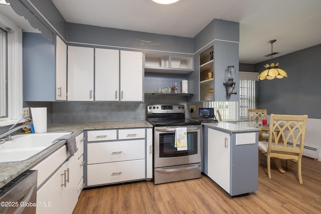 184 Main St, South Glens Falls, NY 12803 - kitchen featuring appliances with stainless steel finishes, a sink, light wood-style flooring, and white cabinetry