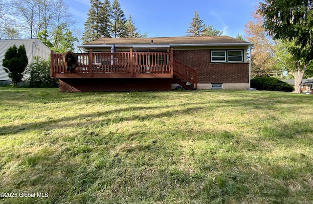 6 Kenyon Dr, Colonie, NY 12205 - back of house featuring a deck, a yard, brick siding, and stairs