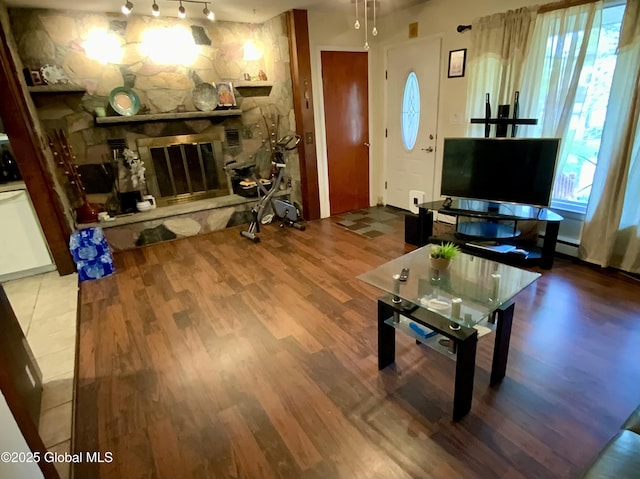 6 Kenyon Dr, Colonie, NY 12205 - living room with wood finished floors, a stone fireplace, and plenty of natural light