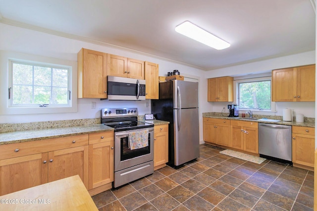 773 Charlton Rd, Charlton, NY 12019 - kitchen with stainless steel appliances, crown molding, light stone counters, and dark stone finish floors