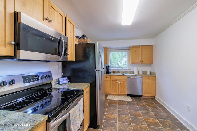 773 Charlton Rd, Charlton, NY 12019 - kitchen with appliances with stainless steel finishes, crown molding, stone finish floors, and light stone countertops