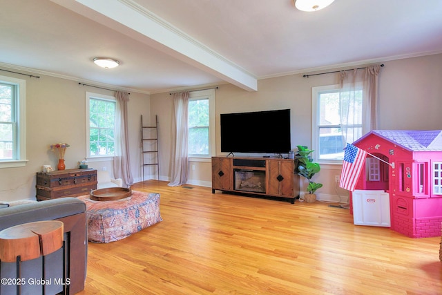 773 Charlton Rd, Charlton, NY 12019 - living area featuring wood finished floors, plenty of natural light, ornamental molding, and beam ceiling