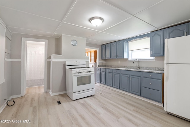 2127 2nd Ave, Watervliet, NY 12189 - kitchen featuring white appliances, a sink, light wood-type flooring, blue cabinets, and baseboards