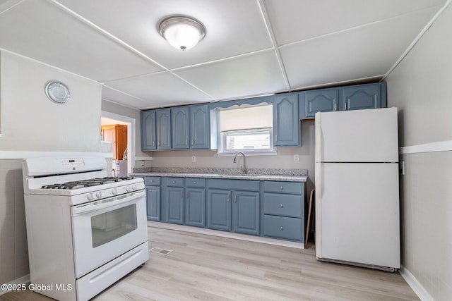 2127 2nd Ave, Watervliet, NY 12189 - kitchen featuring white appliances, blue cabinetry, a sink, and light wood finished floors