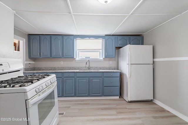 2127 2nd Ave, Watervliet, NY 12189 - kitchen featuring white appliances, blue cabinetry, a sink, and light wood-type flooring