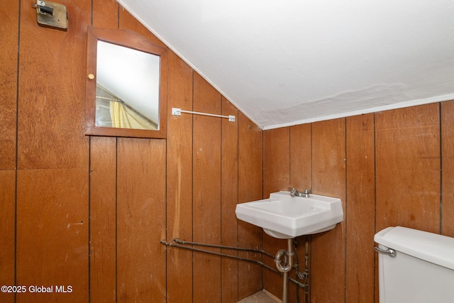 2127 2nd Ave, Watervliet, NY 12189 - bathroom featuring toilet, vaulted ceiling, a sink, and wooden walls