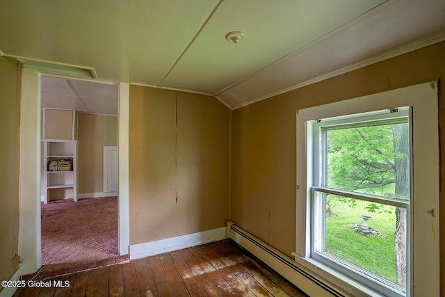1038 Vly Summit Rd, Cambridge, NY 12834 - unfurnished room with a baseboard radiator, healthy amount of natural light, lofted ceiling, wood-type flooring, and baseboards