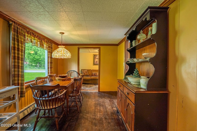 1038 Vly Summit Rd, Cambridge, NY 12834 - dining area featuring dark wood finished floors, ornamental molding, and a baseboard heating unit