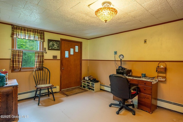 1038 Vly Summit Rd, Cambridge, NY 12834 - office space featuring a baseboard heating unit, crown molding, a wainscoted wall, and tile patterned floors