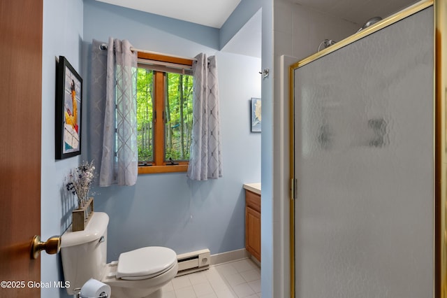 38 N Island Rd, Bolton, NY 12814 - bathroom featuring a baseboard radiator, vanity, a shower stall, and toilet