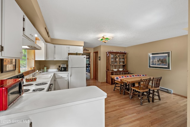 38 N Island Rd, Bolton, NY 12814 - kitchen featuring white appliances, under cabinet range hood, a sink, light wood-type flooring, and a textured ceiling