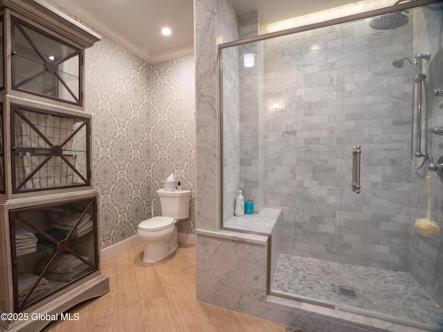 38 High Rock Ave Unit 4D, Saratoga Springs, NY 12866 - full bath featuring toilet, a shower stall, wood finished floors, and baseboards