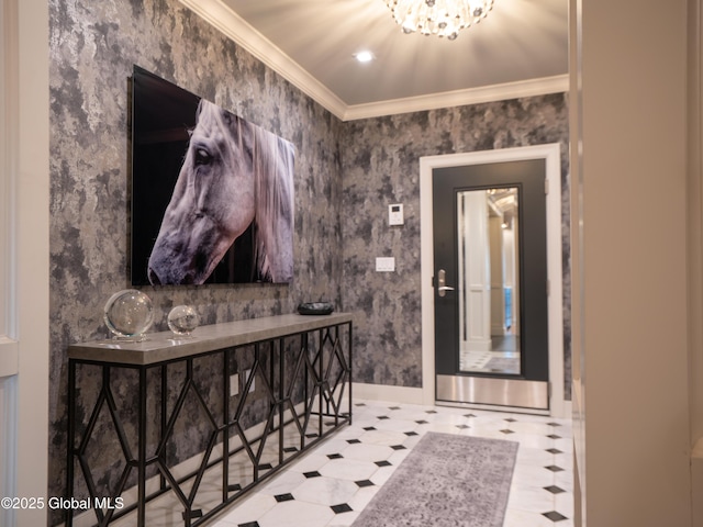 38 High Rock Ave Unit 4D, Saratoga Springs, NY 12866 - hallway featuring ornamental molding, tile patterned floors, and baseboards