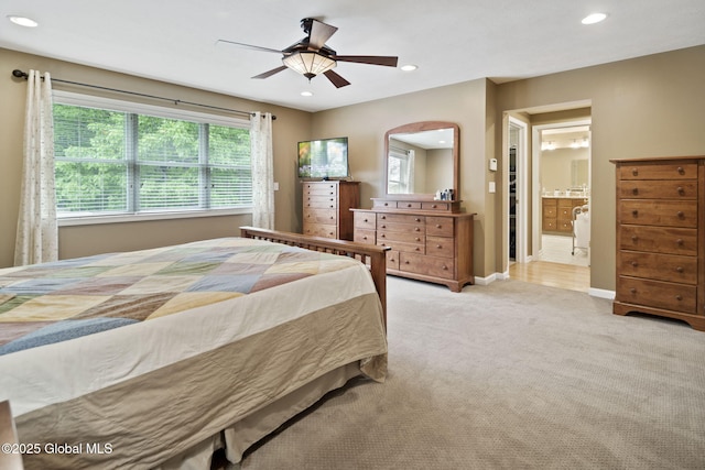 6 Copenhagen Ct, Colonie, NY 12047 - bedroom with recessed lighting, light colored carpet, baseboards, ceiling fan, and ensuite bath