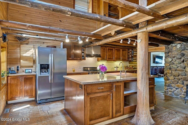 399 Loch Muller Rd, Schroon, NY 12870 - kitchen with stainless steel refrigerator with ice dispenser, wall chimney range hood, range, open shelves, and wooden ceiling with exposed beams