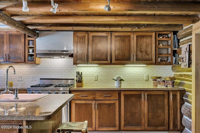 399 Loch Muller Rd, Schroon, NY 12870 - kitchen featuring under cabinet range hood, open shelves, backsplash, wooden ceiling with exposed beams, and a sink