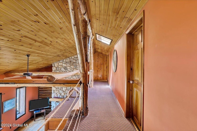 399 Loch Muller Rd, Schroon, NY 12870 - hall with wooden ceiling, vaulted ceiling, and carpet flooring