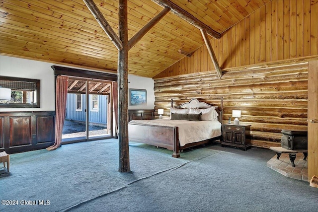 399 Loch Muller Rd, Schroon, NY 12870 - carpeted bedroom with wood ceiling with exposed beams, access to exterior, log walls, a wood stove, and high vaulted ceiling